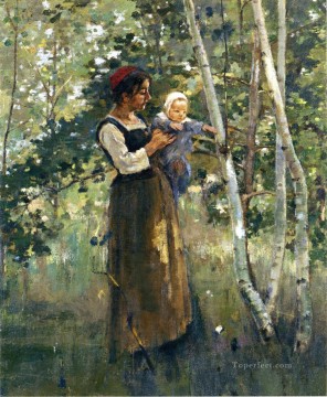 three women at the table by the lamp Painting - Mother and Child by the Hearth Theodore Robinson